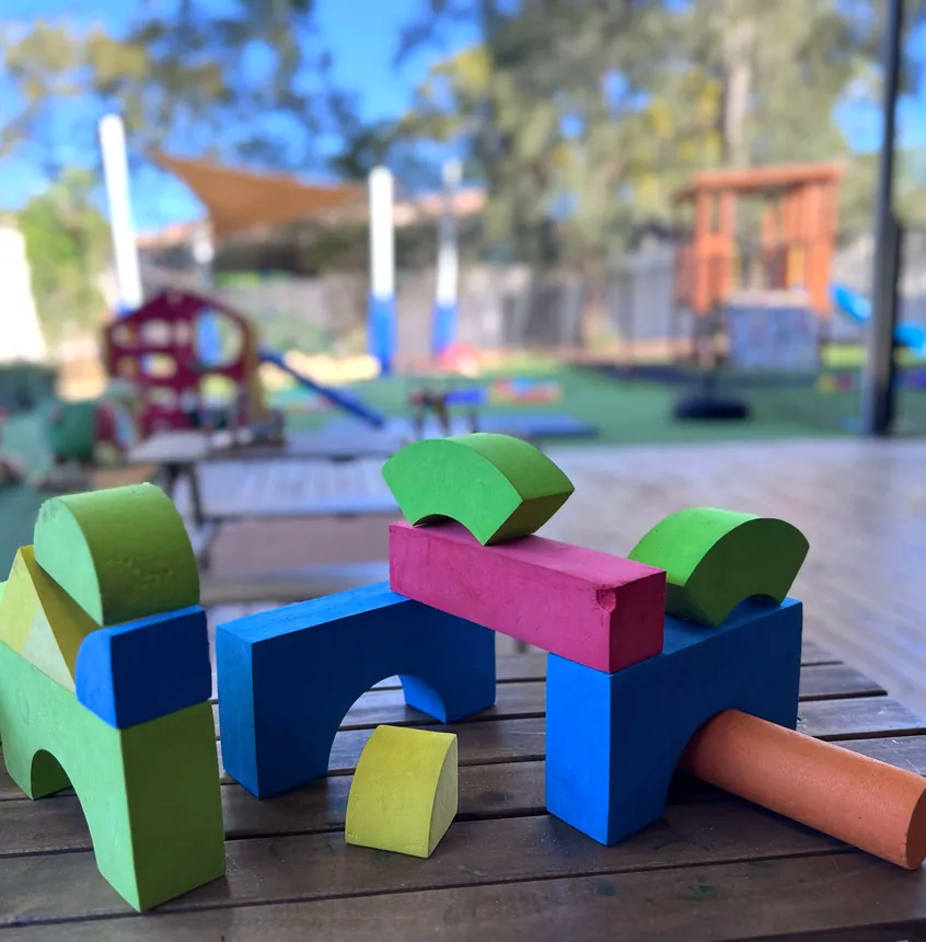 Large foam building blocks on the outdoor deck
