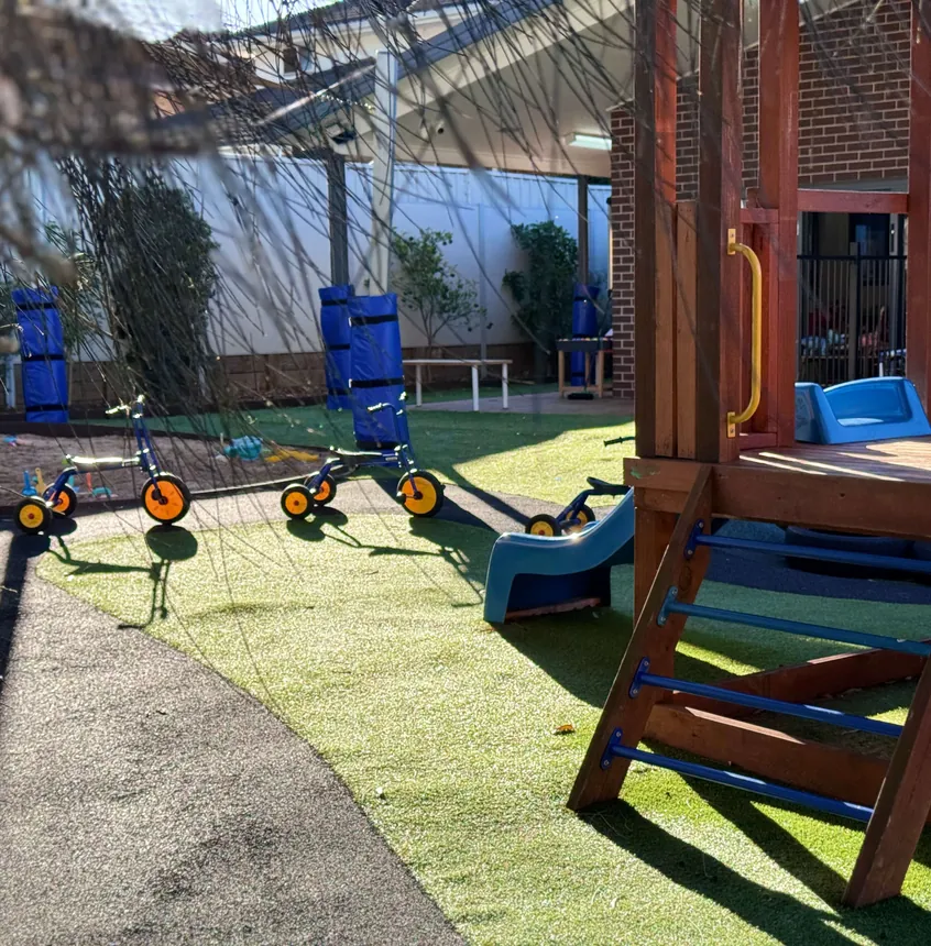 Shaded outdoor yard with the timber climbing fort
