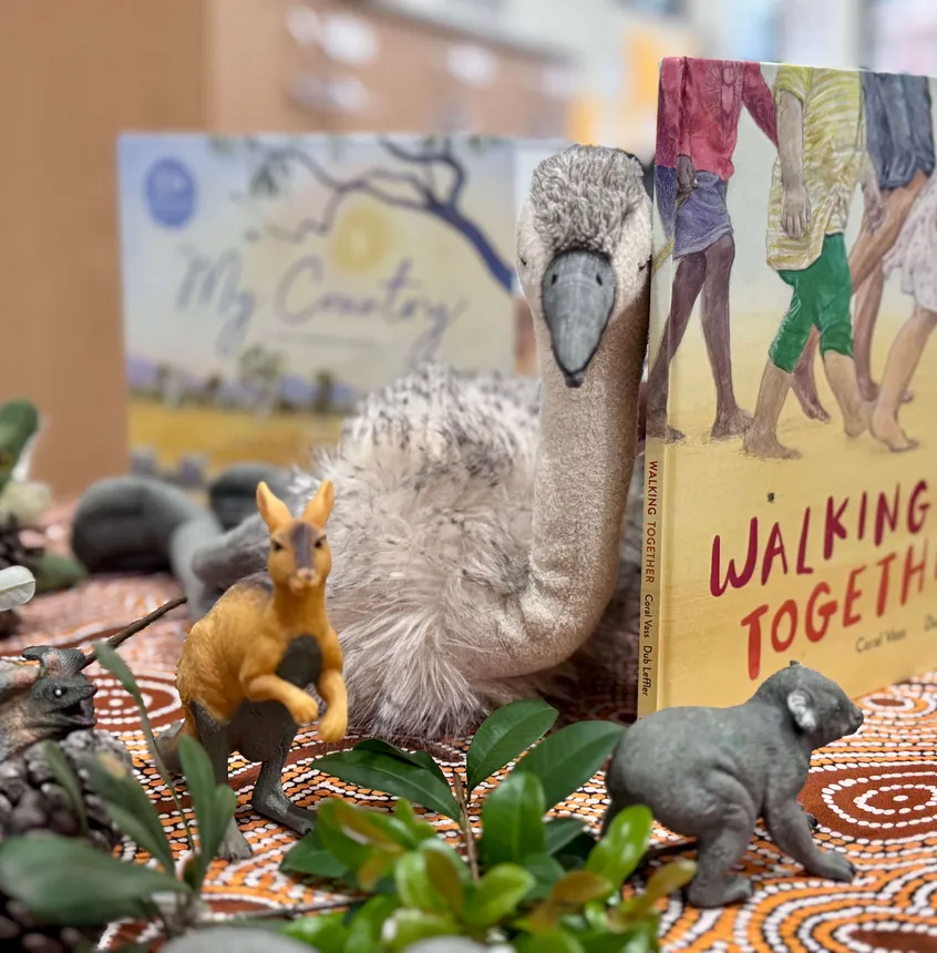 Aboriginal cultural learning display with picture books and native animal figures